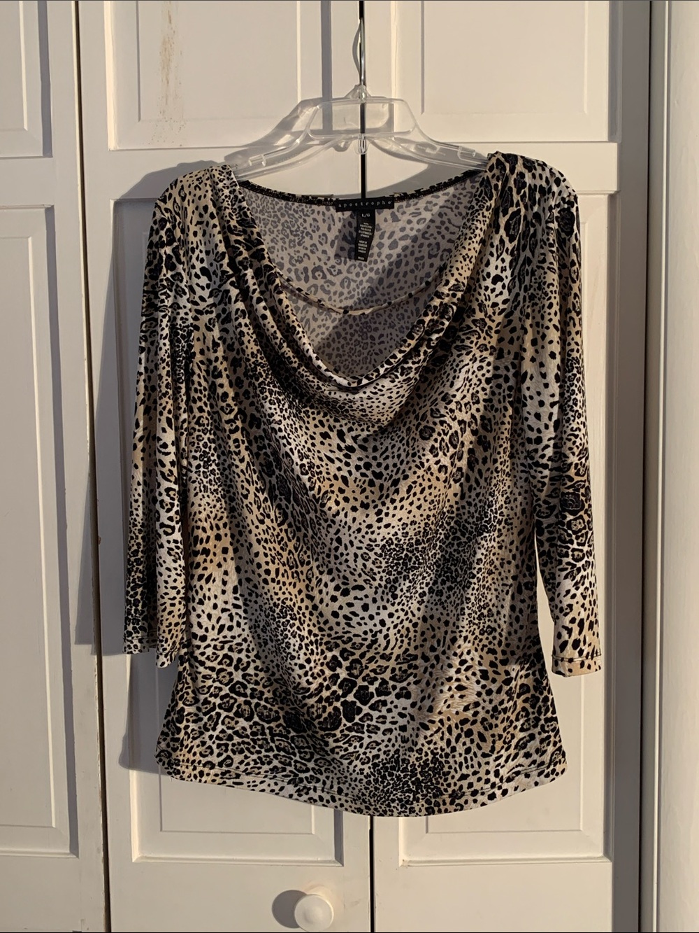 Apostrophe Beige and Black Animal Print Drape Neck Blouse EUC